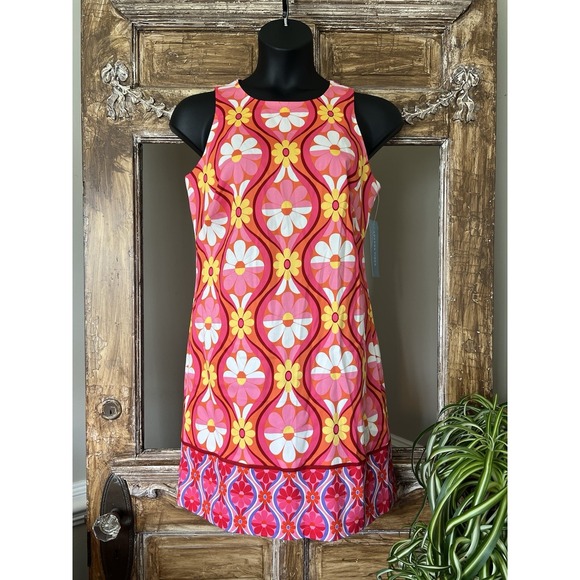 London Times Fun Retro Floral Sheath Dress Pink Yellow 12‎ NEW - Picture 1 of 6